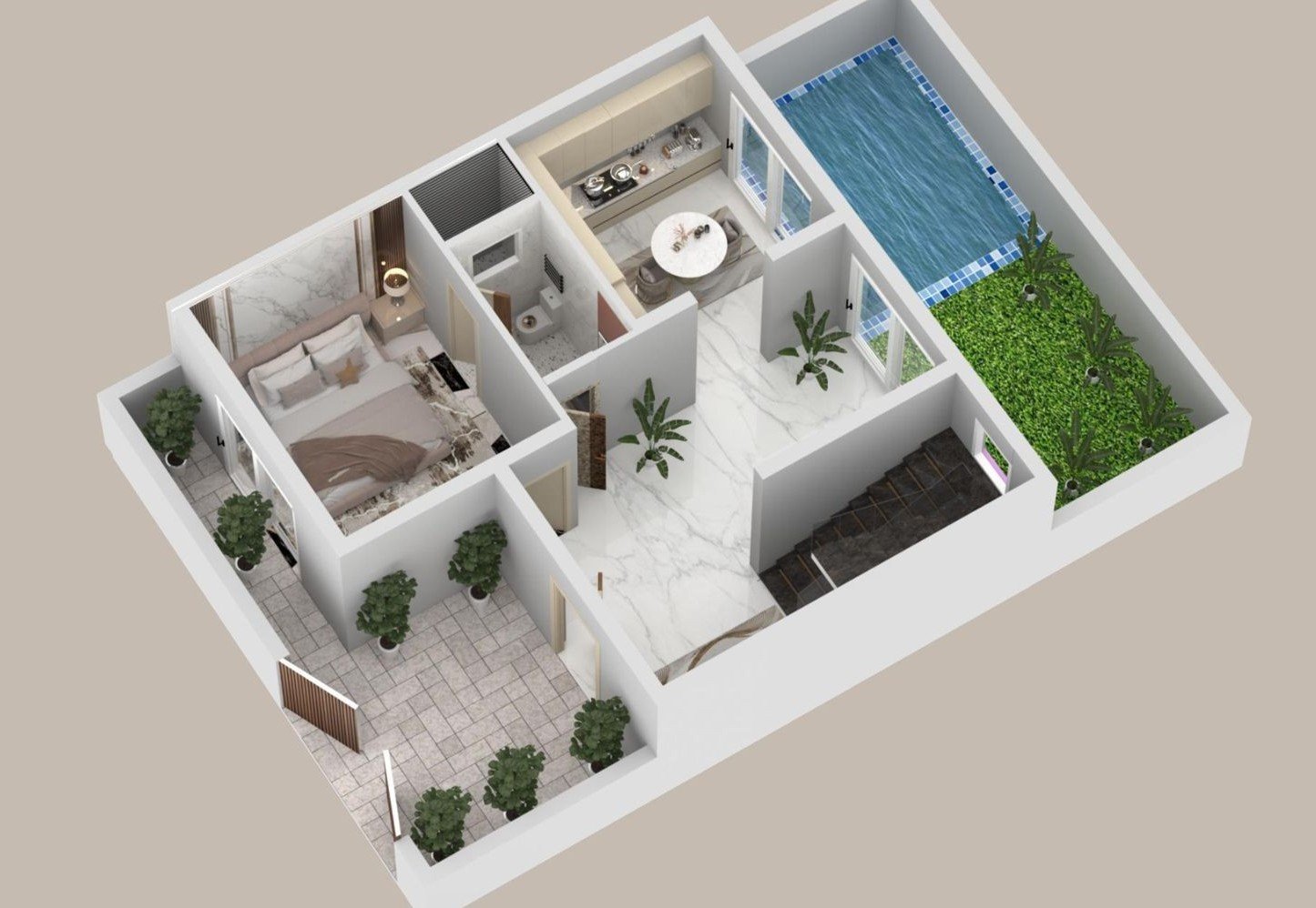 Type B villa — ground floor layout render, Greencity Goa